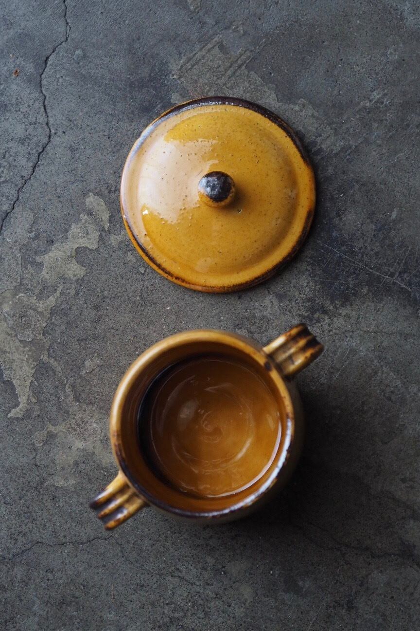 お塩や砂糖壺に蓋付きポット-antique french pottery pot