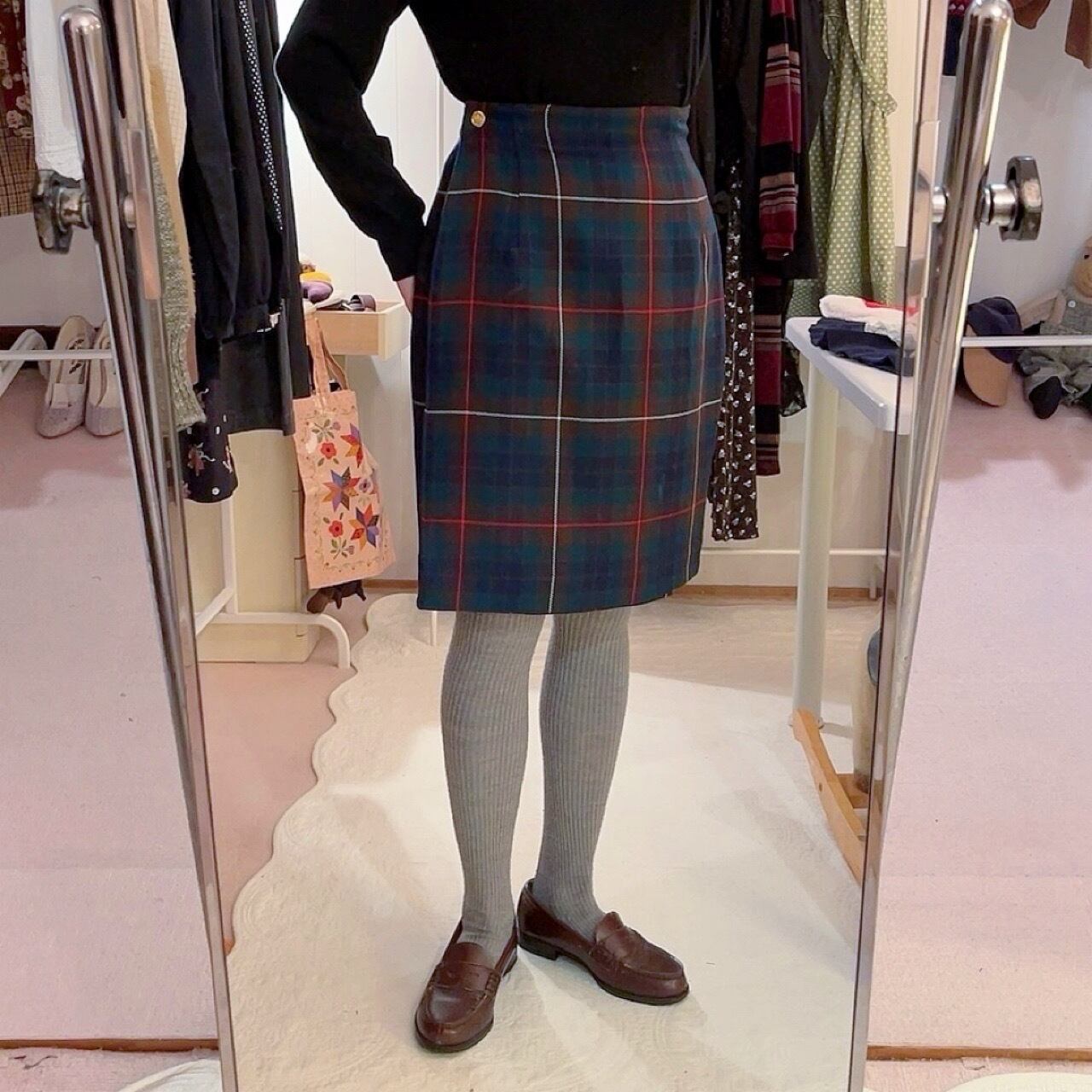 brown green check wrap skirt