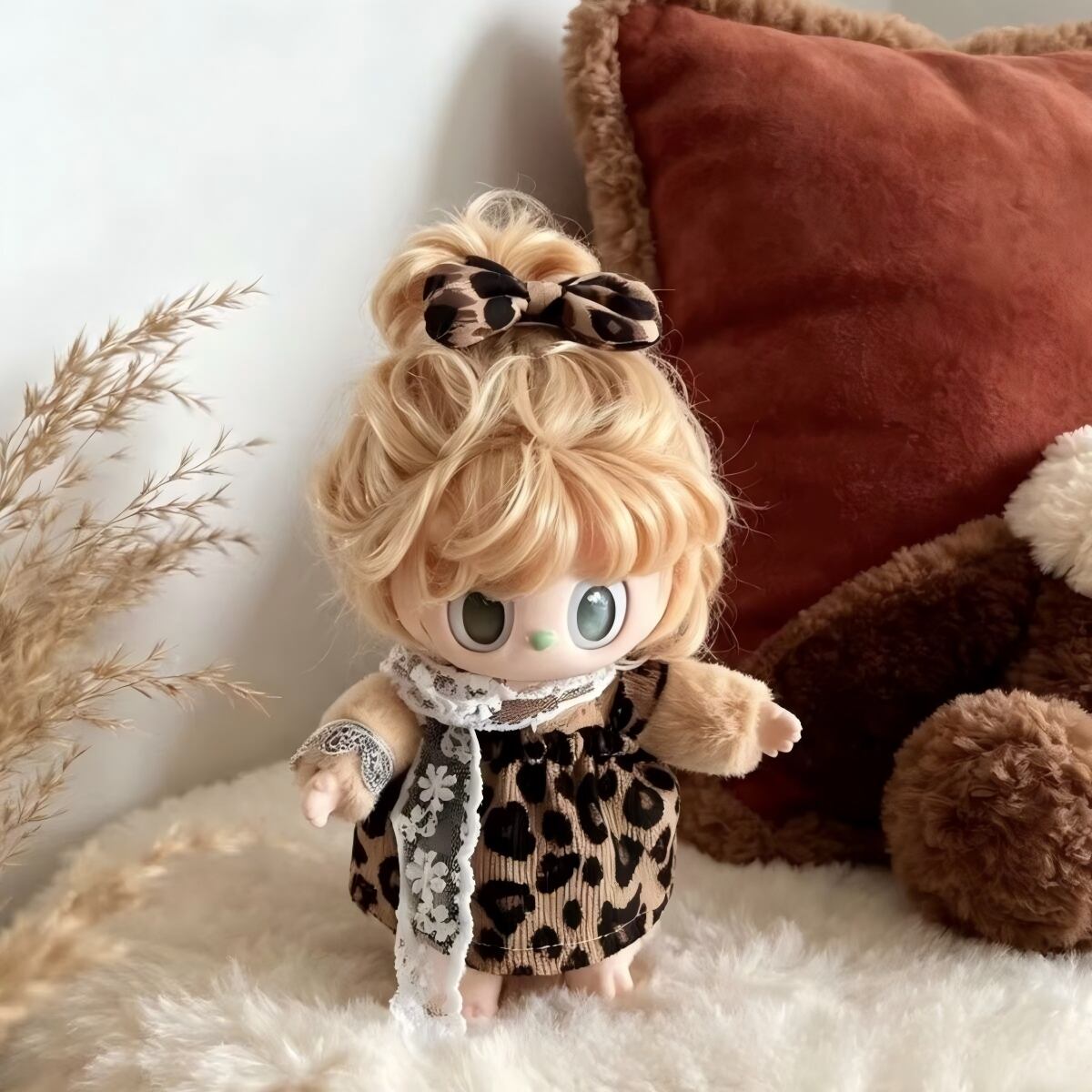 LABUBU 1-3世代対応 レトロ レオパード柄 ワンピース+ヘアアクセサリー