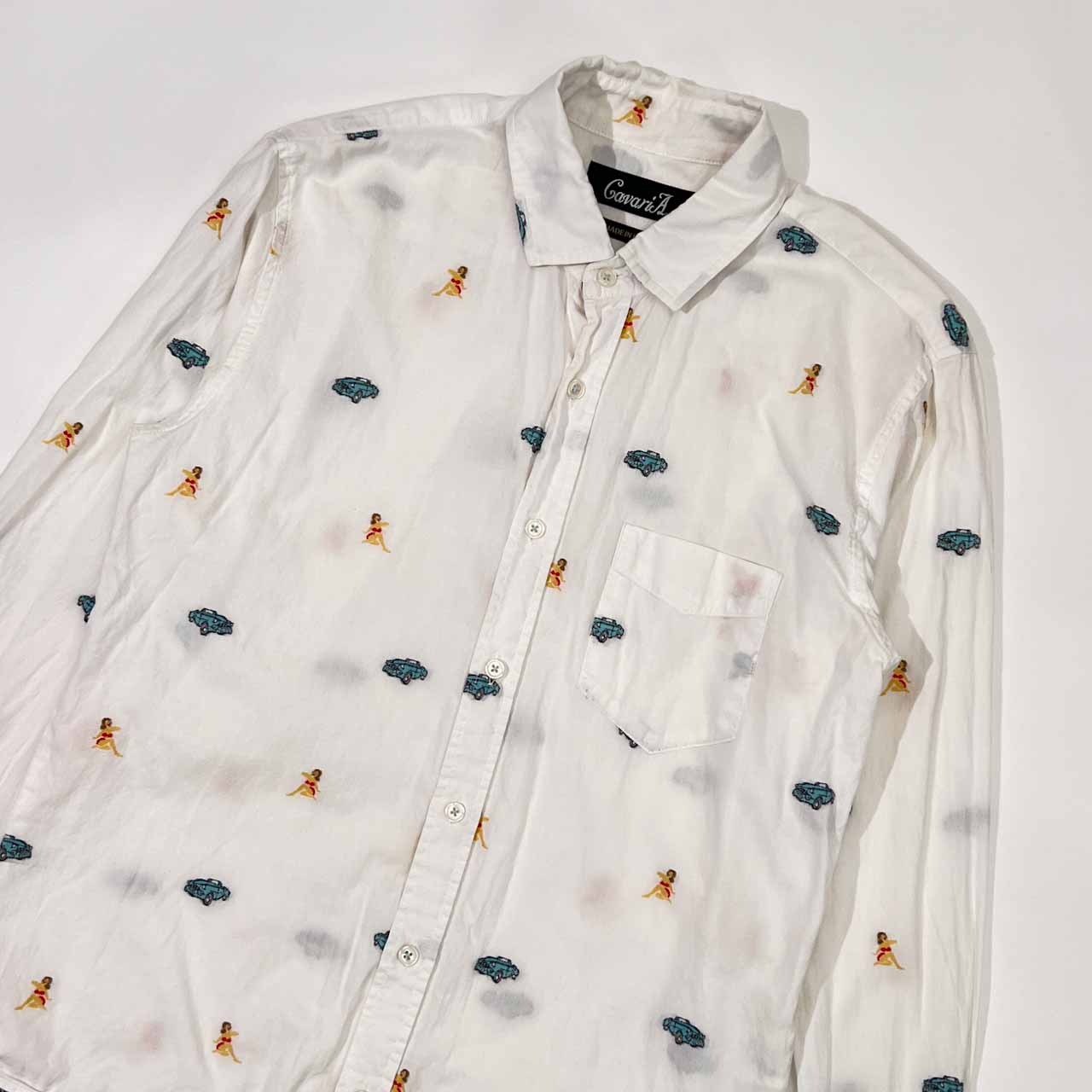 CavariA キャバリア 車 刺繍デザイン 長袖シャツ 44/ホワイト メンズ 日本製