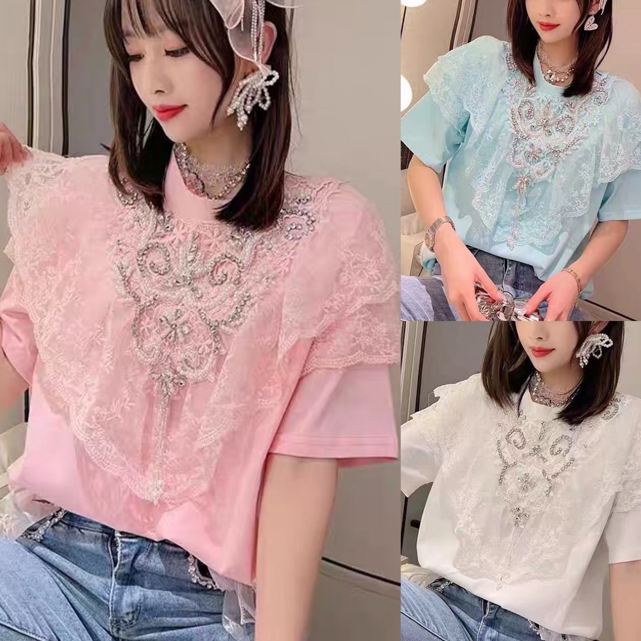 ピンク ピンク Tシャツ カジュアル デコレーション ピンク 水色 白 