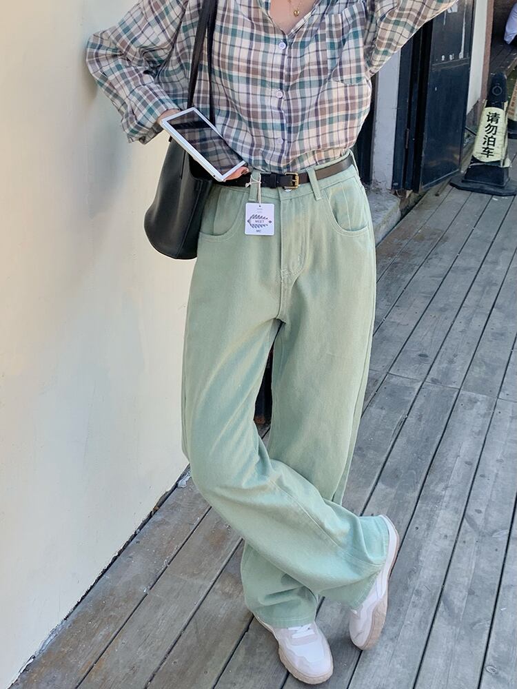 ジーンズ オータムハイウェストウェストグリーンルーズ ストリート エラスティック 伸縮 秋物 ビッグFスモールZ韓国1226567736