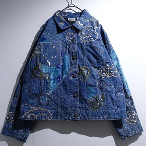 90s "Chico's" Denim Sequin Fur Embroidery Patchwork Design Trucker Jacket