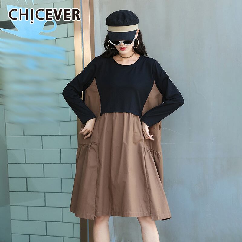 CHICEVERドレス女性Oネック長袖パッチワークヒットカラー特大シャーリング膝丈ドレス2020 ロング 6base598232456044