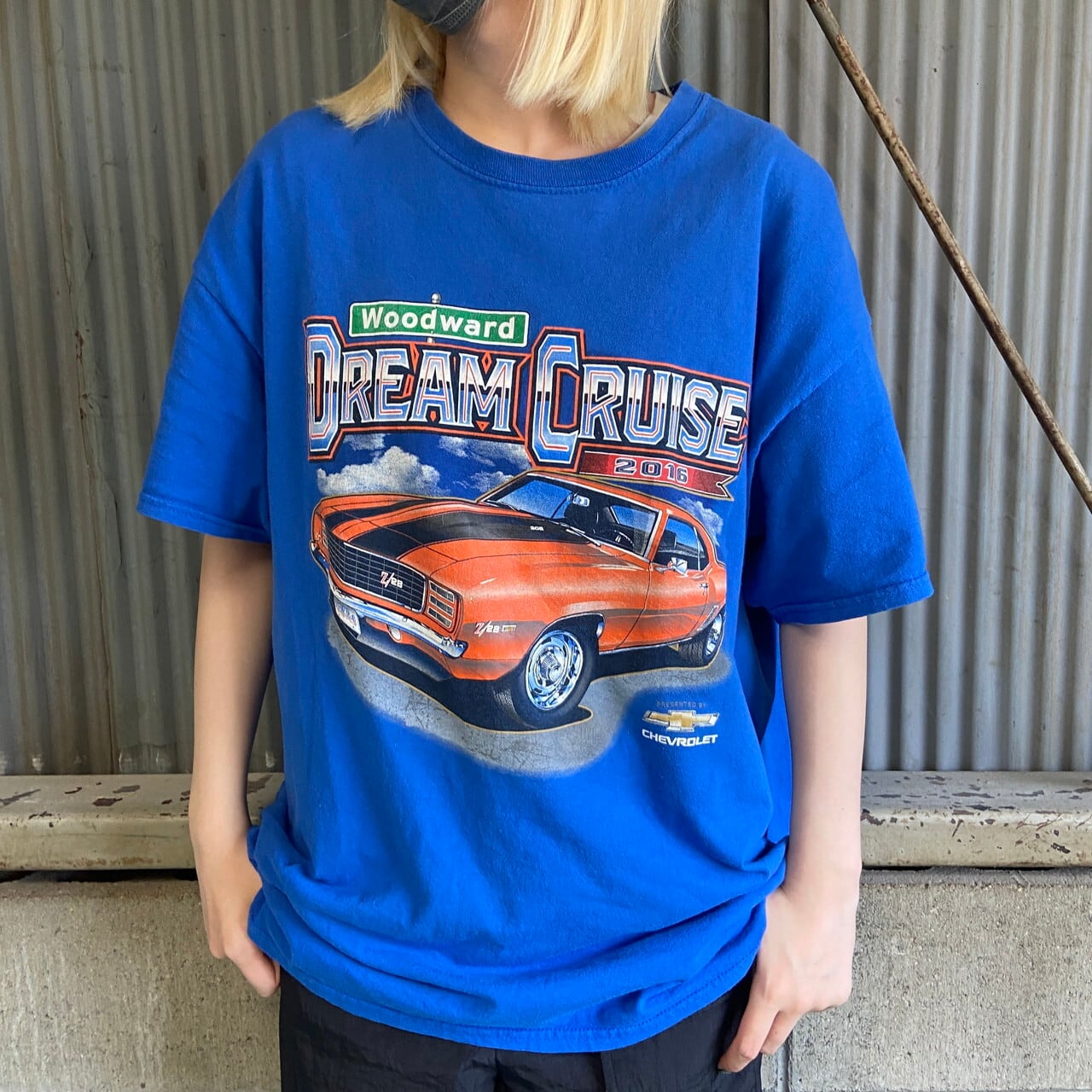 CHEVROLET シボレー 車 プリントTシャツ メンズXL相当 古着 ブルー 
