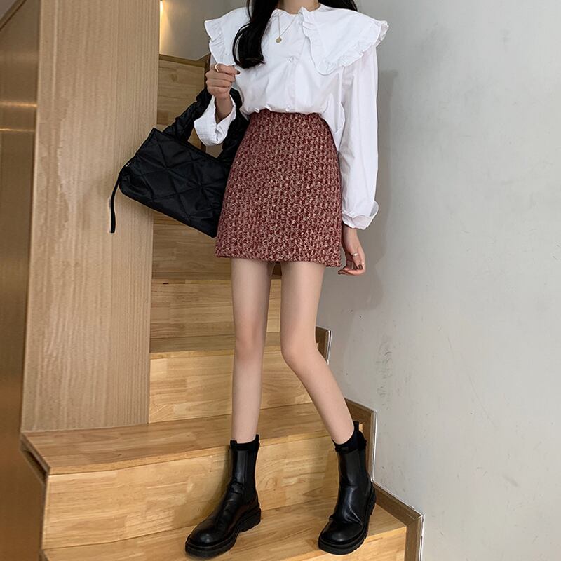 スタンダードショートスカート スプリングオータムハイウェストウェストAライン レトロ 春物 秋物 試着室2407306149