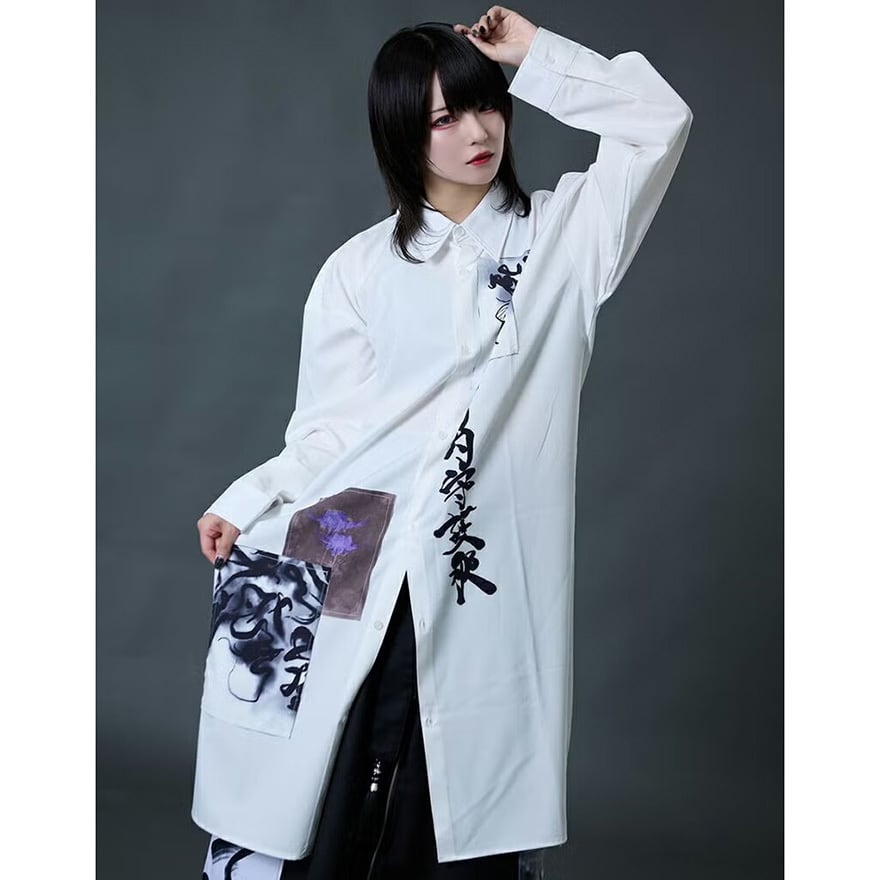 中華ゴシック 水墨柄ロングシャツワンピ 漢字プリント黒白羽織り服