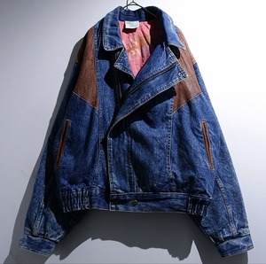 90s Denim & Leather Panel Rider Type Design Jacket