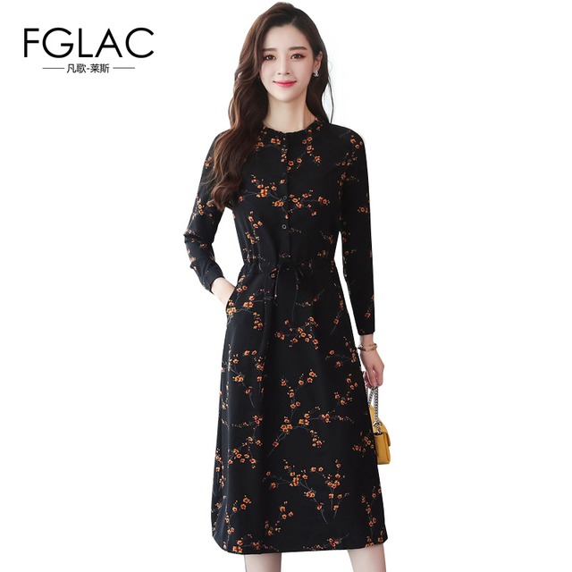 FGLAC プリントヴィンテージドレス新ファッション長袖 A ライン事務女性ドレスミッドカーフ A ライン秋のドレス黒 vestidos