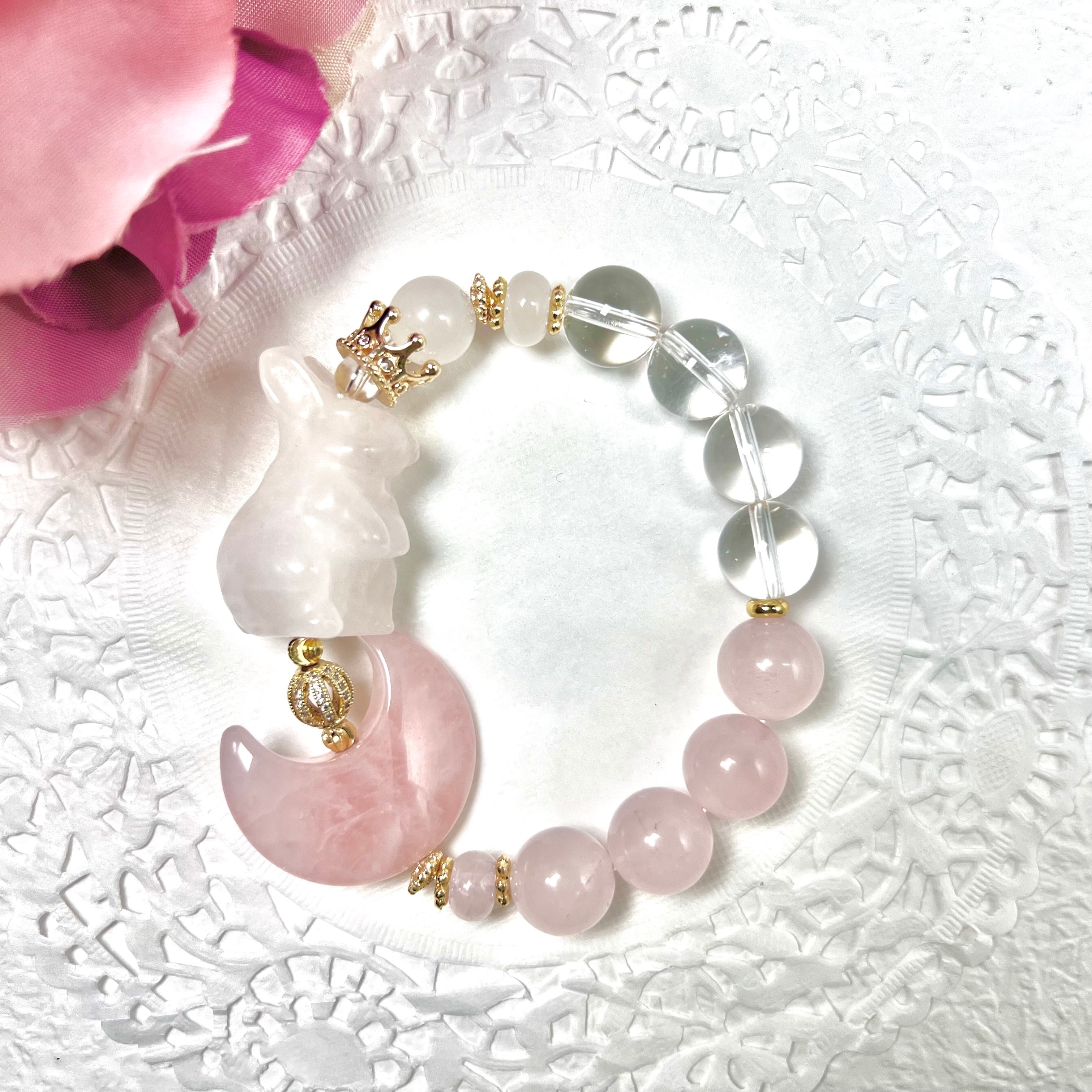 【月 うさぎ 水晶 ローズクォーツ デザインブレスレット】❤︎送料無料❤︎天然石