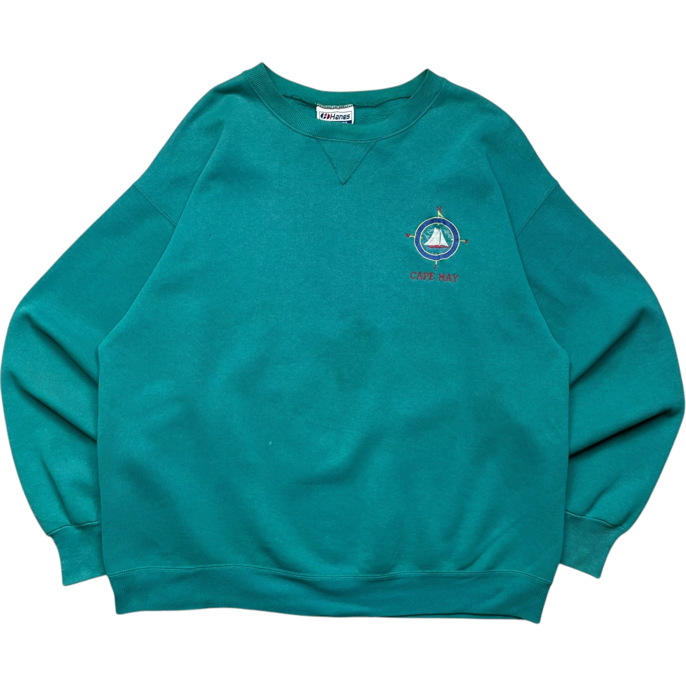 《XL》Hanes ヘインズ スウェット 刺繍ロゴ 前V エメラルドグリーン USA製 90年代 vintage no.6463