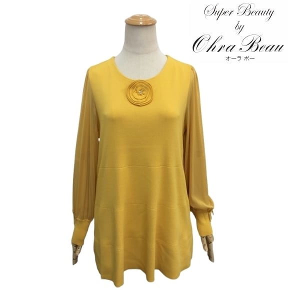 スーパービューティー チュニック 袖パワーネット ニット 2421009 イエロー 2024/2025年秋冬 オーラボー 大人かわいい服 大人スタイル キレイメ Super Beauty レディース アパレル 女性 M L LL 30代 40代 50代 60代