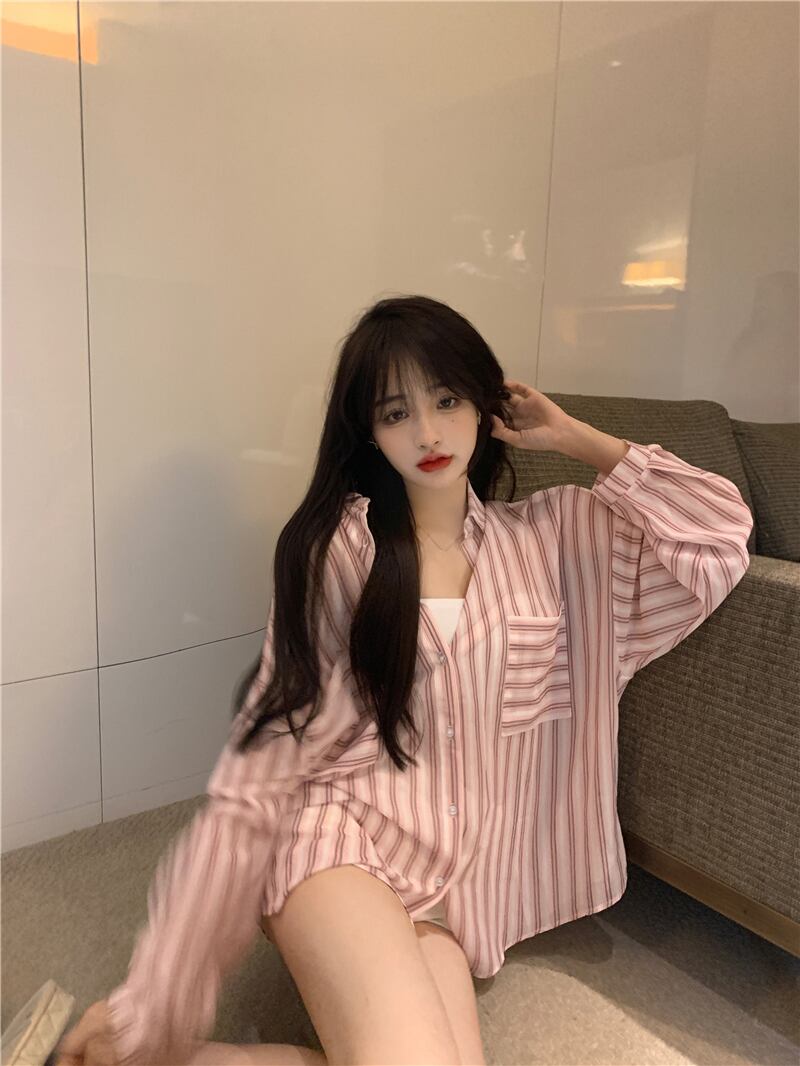 ストライプシャツ レディースルーズスタンダードスタイルジャケット サマー薄手トップス ロング ピンク レトロ 夏物 ブラックストロベリース97677848396