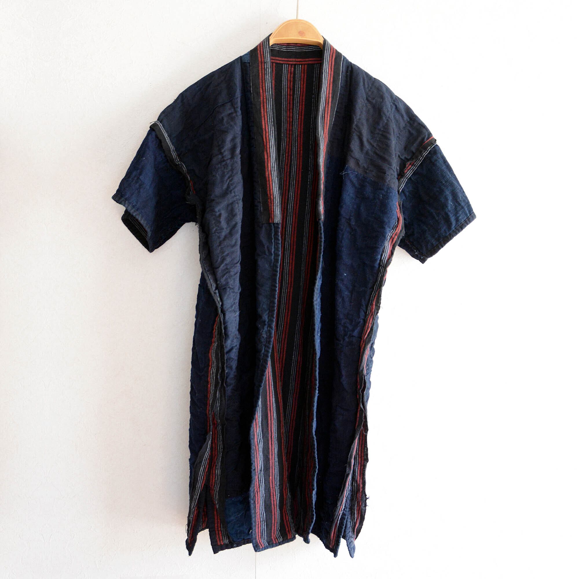 野良着 荒刺し子 藍染 クレイジーパターン 会津木綿 着物 古布 縞模様