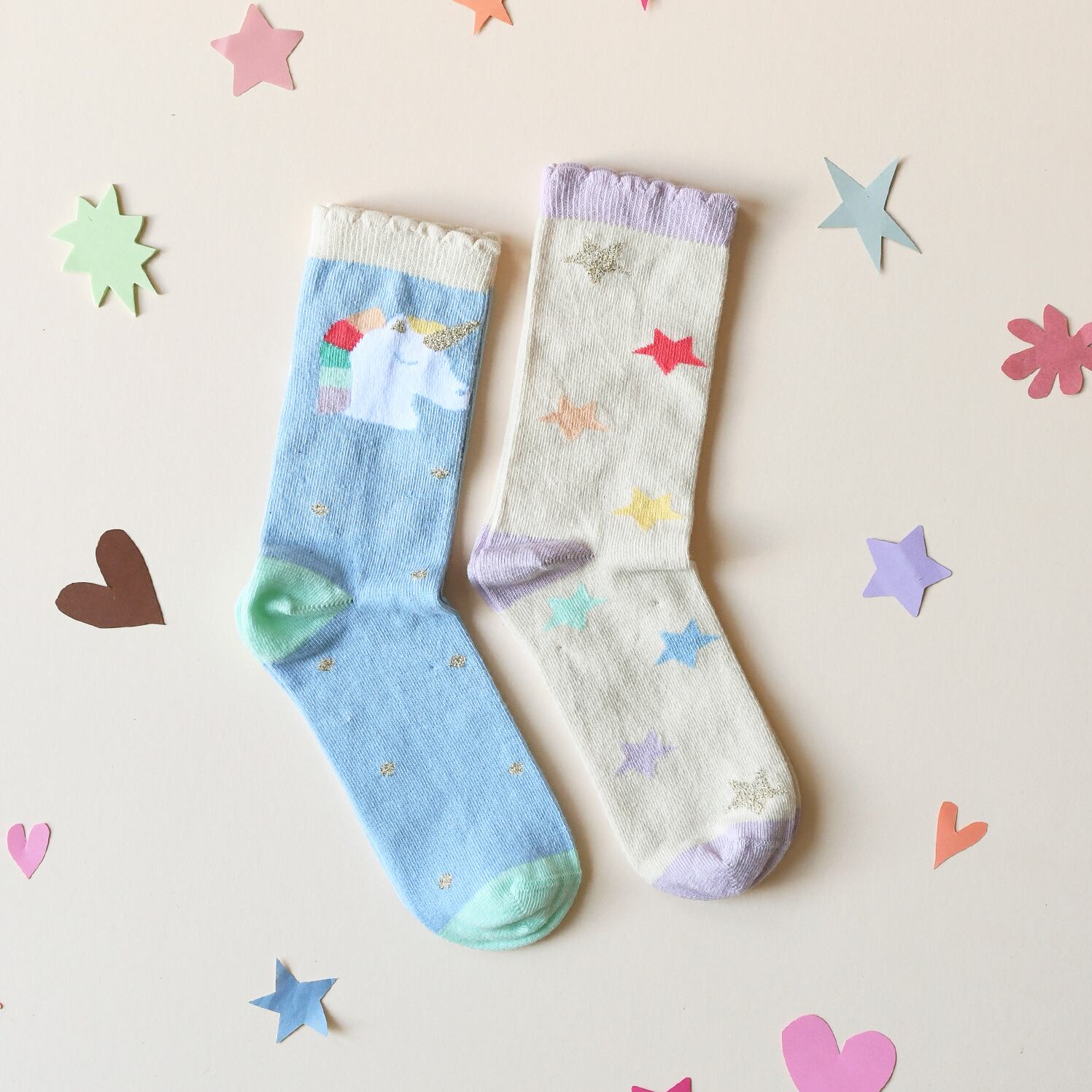 SC02418-2:Rainbow Unicorn 2 Pack Socks (Size 12-3 Junior)-MULTI