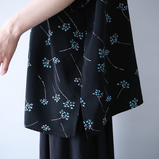 "花柄" black base turquoise blue flower pattern box silhouette open collar  h/s shirt