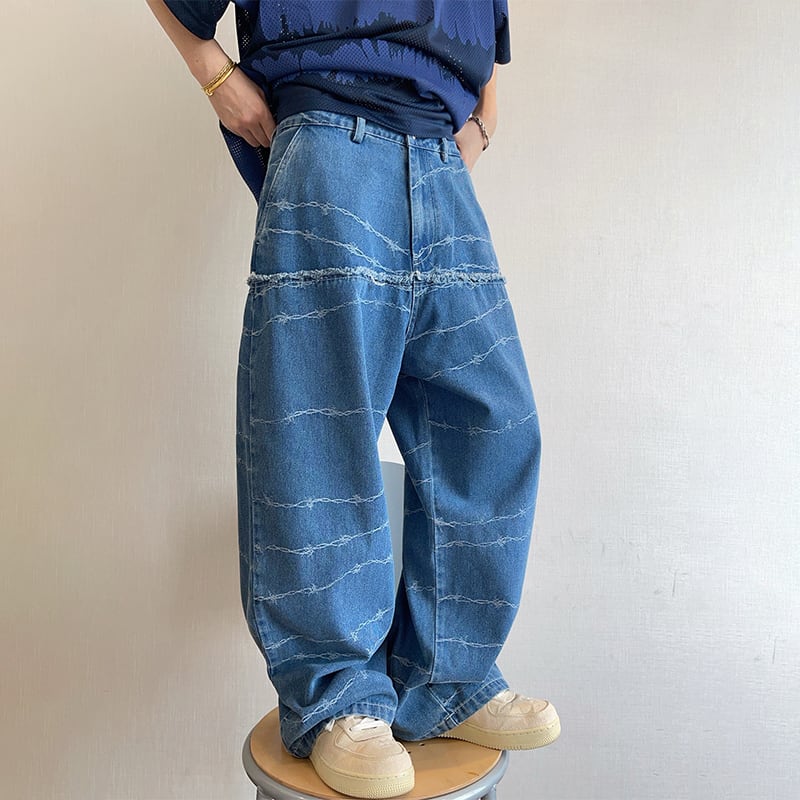 dannyandzeeステッチデザインフリンジデニムパンツ