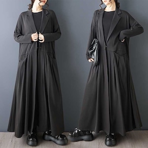 BLACK LAPELED V-NECK A-LINE MAXI COAT 1color M-15847