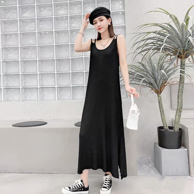 ソリッド カラーダブルスカート ニット ロングドレス レディース 大きめサイズ ソリッドカラー ミックスインファッション78800846755