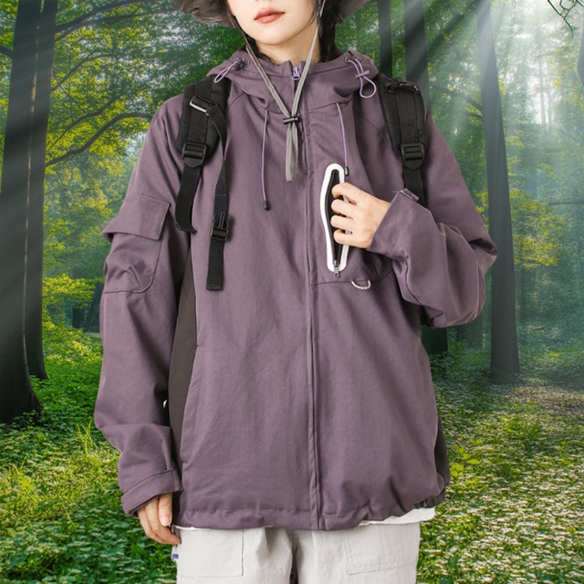 Hooded Zip-Up Oversized Drawcord Jacket ‐3col‐  A0602