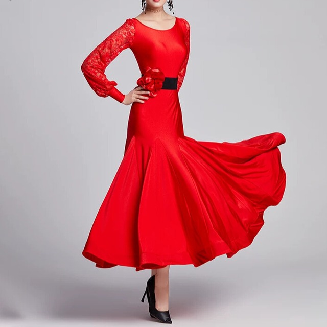 レーススリーブ ウエストマーク フラワーモチーフ ダンスドレス  ds1468