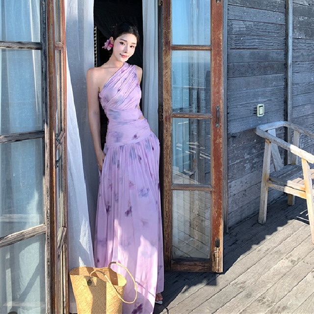 【SummerVacationシリーズ】ワンピース ワンショルダー ウエストオープン 花柄 S M L