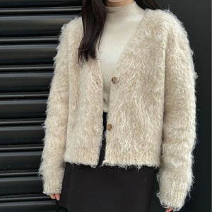 v-neck shaggy knit cardigan　J00342
