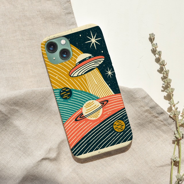 受注生産 iPhoneケース 白い宇宙船と惑星のSF柄｜スペースエイジ RFSP069B