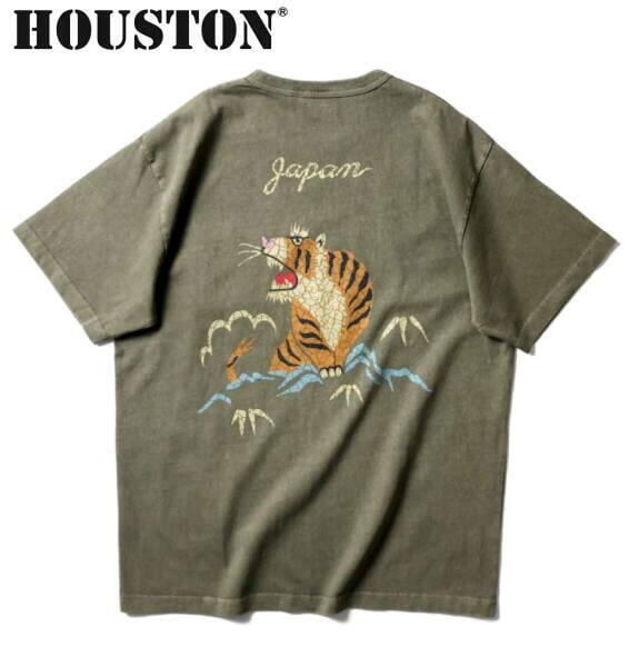 HOUSTON ヒューストン Tシャツ ピグメント U.S.コットン プリント 半袖Tシャツ PIGMENT U.S. COTTON PRINT TEE TIGER OLIVE DRAB 22395