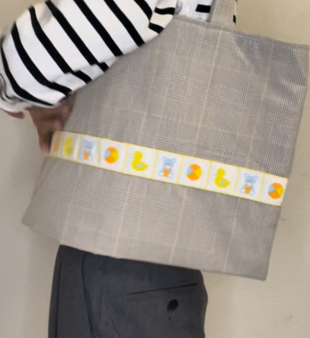 チェック&ドイツ製リボンのレッスンバッグ　サブバッグ　エコバッグ送料無料