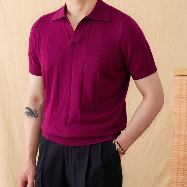 リブ編みVネック半袖ポロシャツ 4color KA1216