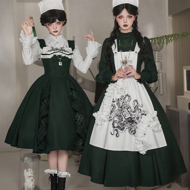 ゴスロリ 6点セット ジャンパースカート 刺繍 エプロン ナース帽 PUJI