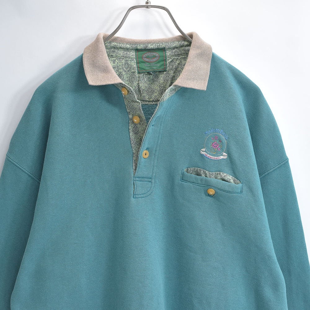 80~90s MITSUMINE ミツミネ ハーフボタン ポロスウェット 裏パイル ペイズリー切替 刺繍 薔薇 プルオーバー シャツ ジャパンヴィンテージ ビンテージ 古着 メンズLサイズ