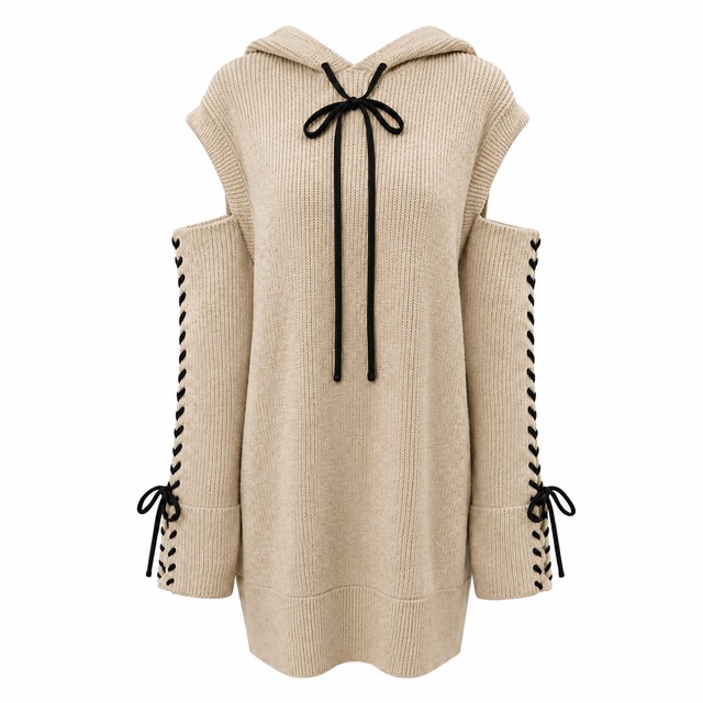 Lumignon original ♥ love ribbon hoodie knit pullover 【ベージュ×ブラック】