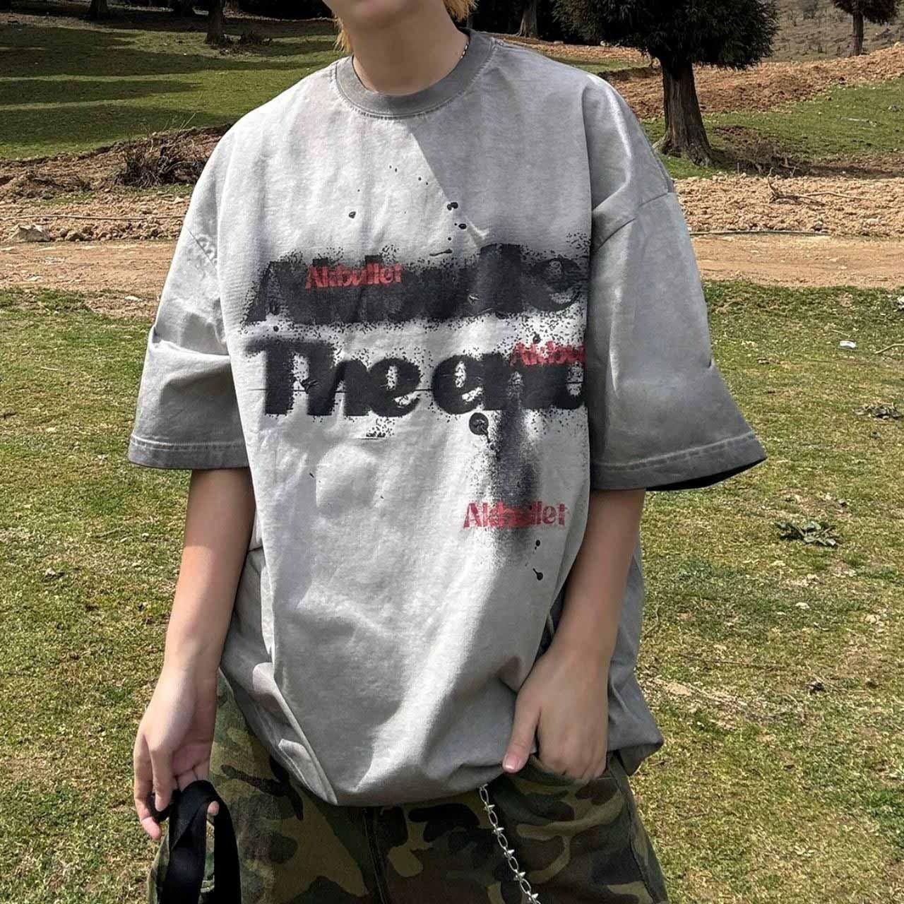 フォントピグメントダイフェードドロップショルダーTシャツ 2col A00149