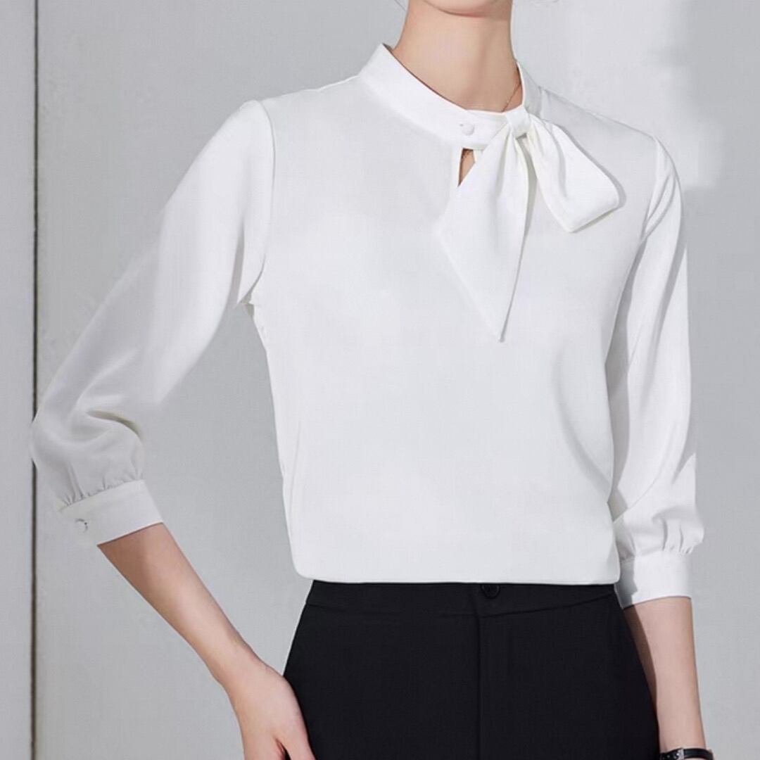 Key hole neck bow tie stand collar three quarter sleeve blouse 00236