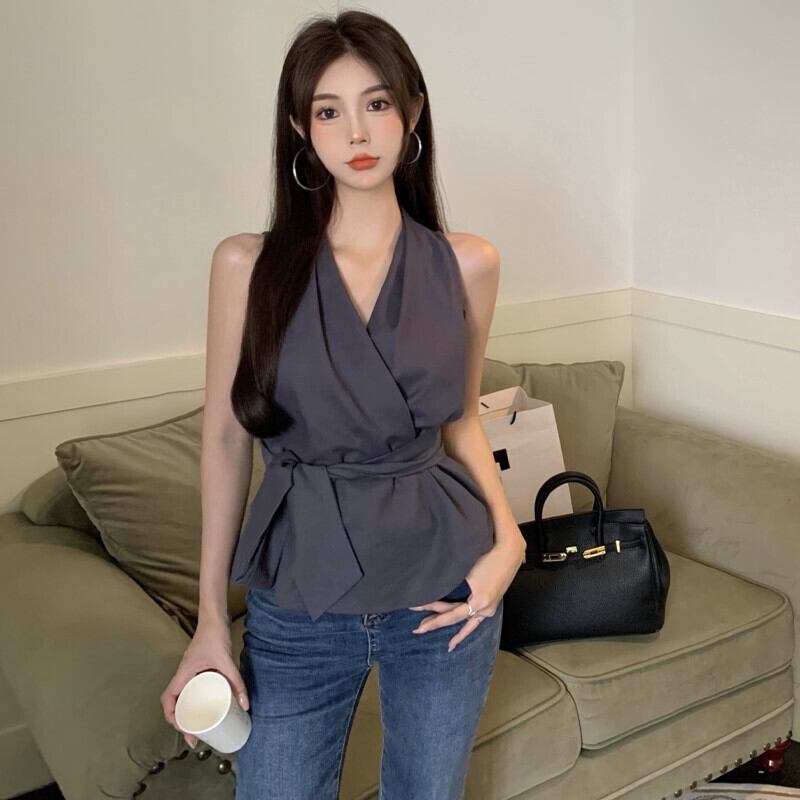 ウェストベルト ノースリーブトップス サマーカジュアルソリッド カラー 夏物 ハーネス ソリッドカラー ガールズファッション12990100007