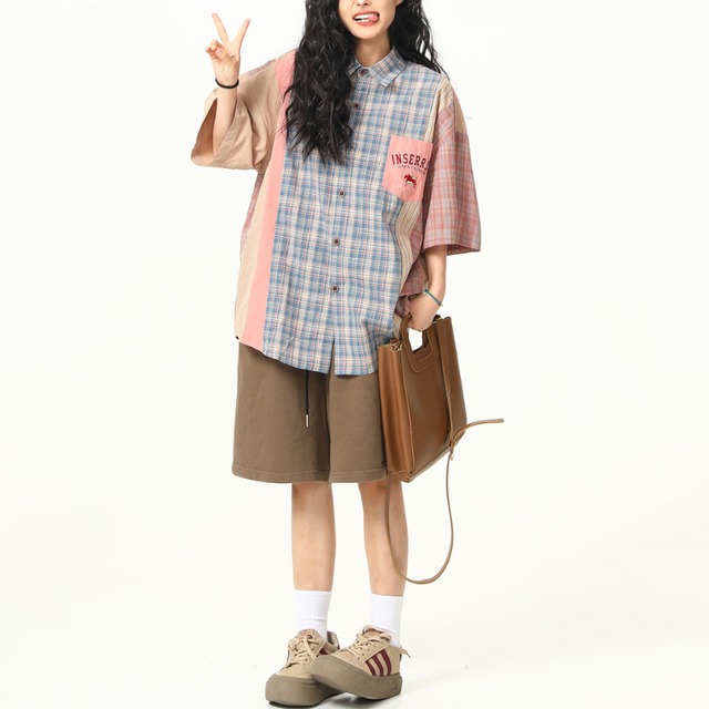 pastel checkered panel short-sleeved shirt　パステルチェック柄パネル半袖シャツ　J1972