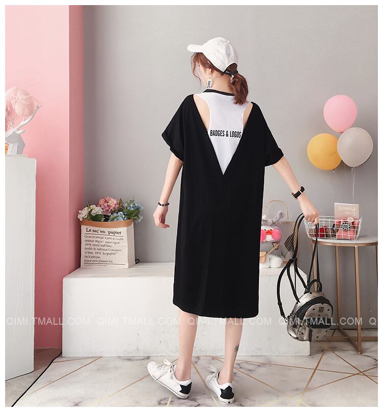 素敵 背なか空き シャツ 綺麗め ワンピース シンプル 背中あき Tシャツ ワンピース 2色 スリット SY-3-89