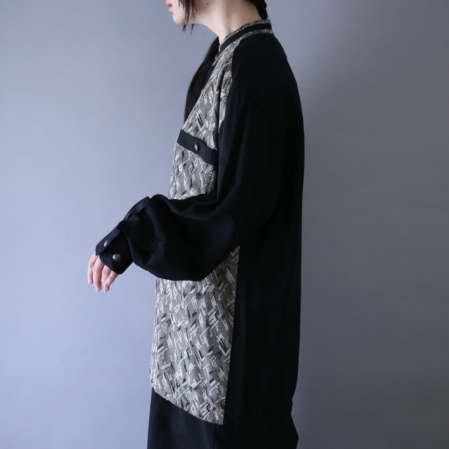 switching pattern and antique button design band-collar over silhouette shirt