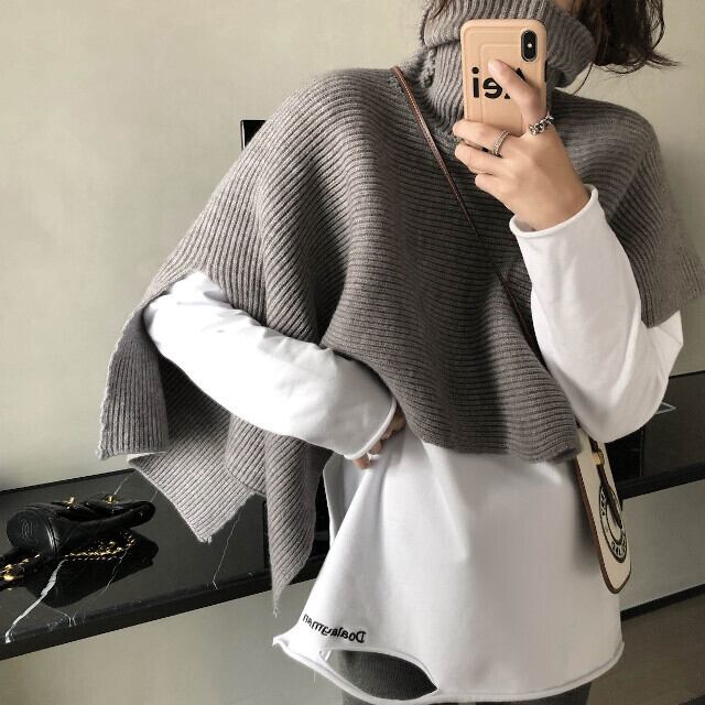 全3色 グレー/ブラック/ベージュ レディース ハイネック ポンチョ