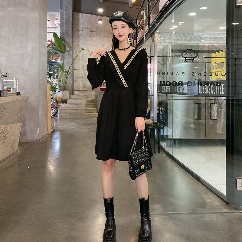 レディースオータムウィンターVネックウェストドレス スカート 大きめサイズ 秋物 冬物 ミックスインファッション26133473540