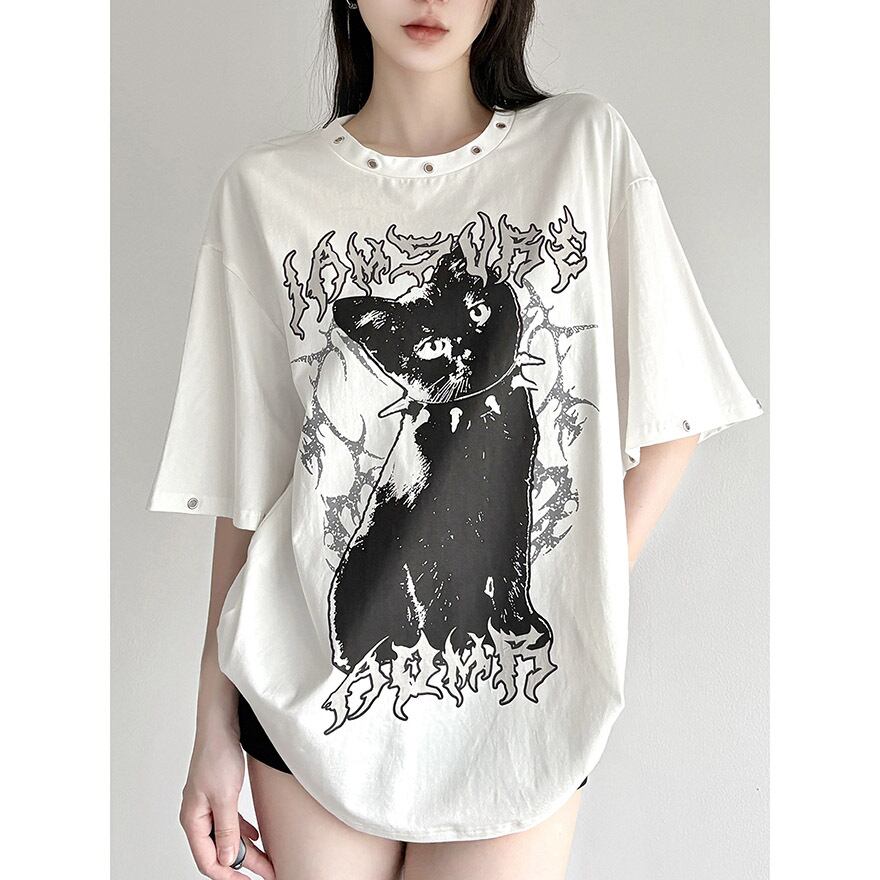 WithU ゴスロリ 地雷 Tシャツ 手書き風 イラスト ゆったり コットンシャツ
