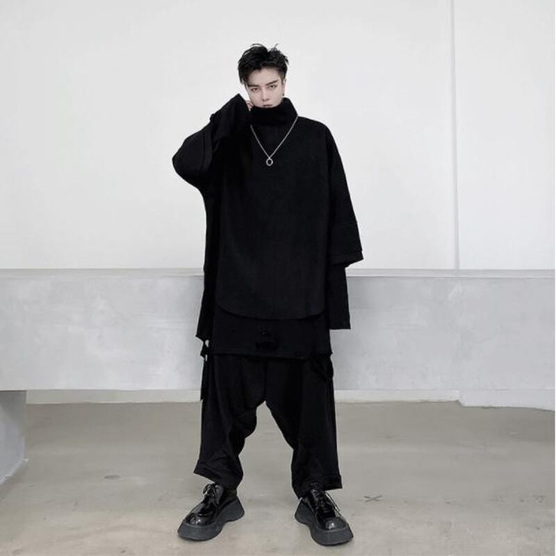メンズ モード系 タートルネック ハイネック 7分袖 セーター 黒コーデ 個性的 ビッグシルエット ゆったり ストリート系 原宿系 オルチャン 10代 代 サブカル系専門店 Ladies Fashion Seasonz