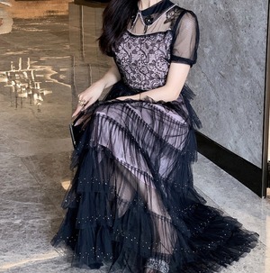 ドレス ワンピース シフォン 透け感 Aライン エレガント ミモレ丈