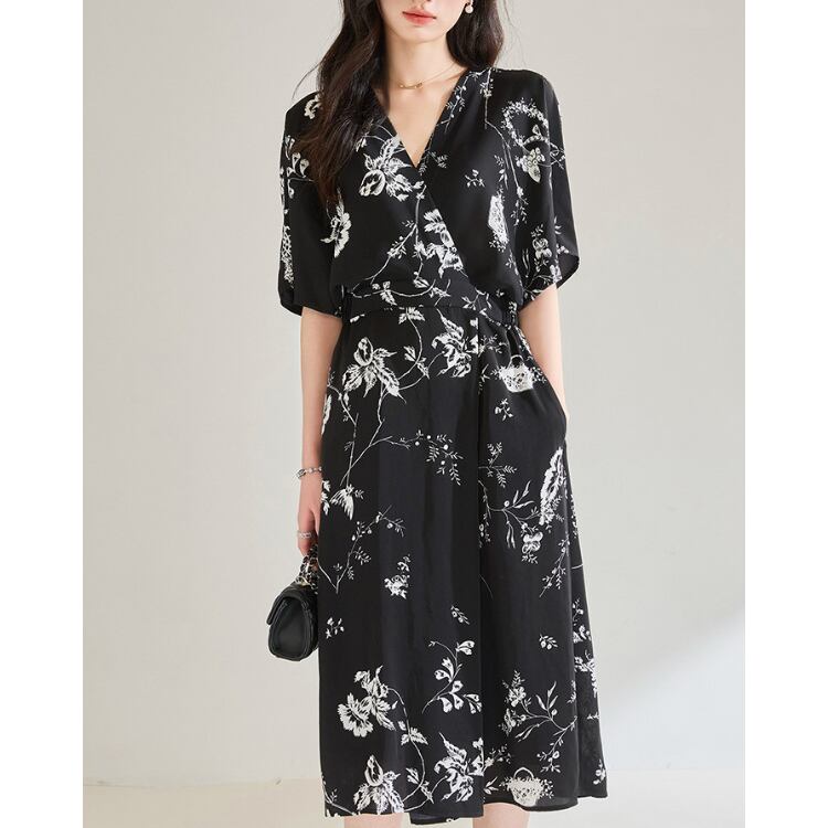 V Neck Floral Wrap A Line Dress 2603035