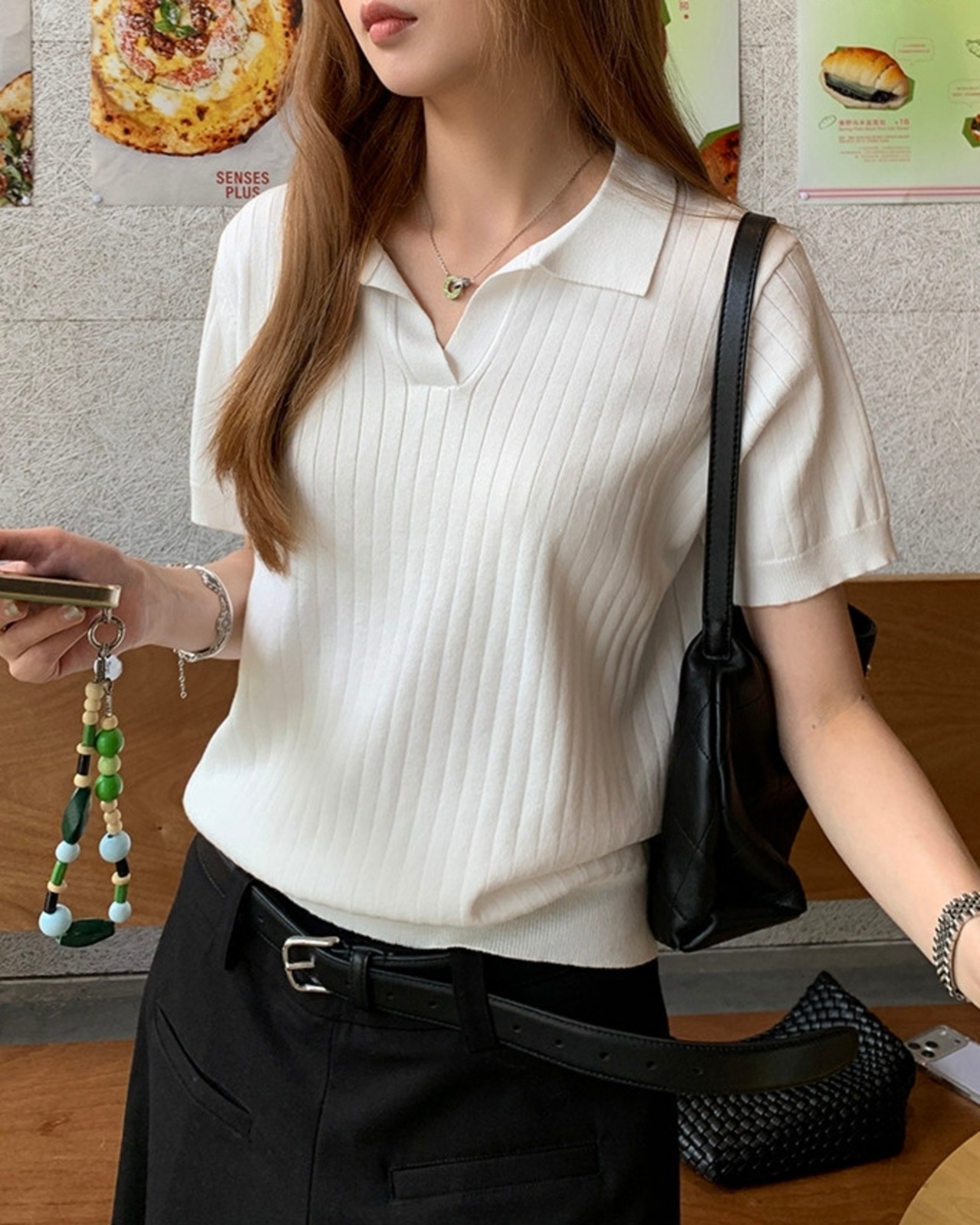 キーネックリブニットポロシャツ 3color A1078 - 2