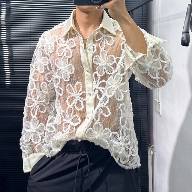 花柄 長袖 シースルー レギュラーカラーシャツ 1color MTO0440