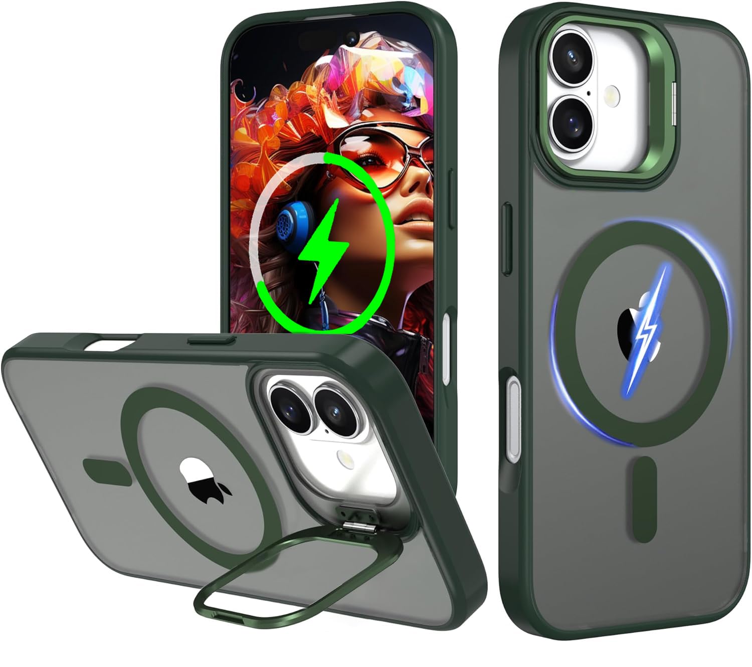 【純正MagSafe対応・スタンド機能 】iPhone 16 用 ケース Magsafe対応 ワイヤレス充電 隠しスタンド (グリーン)