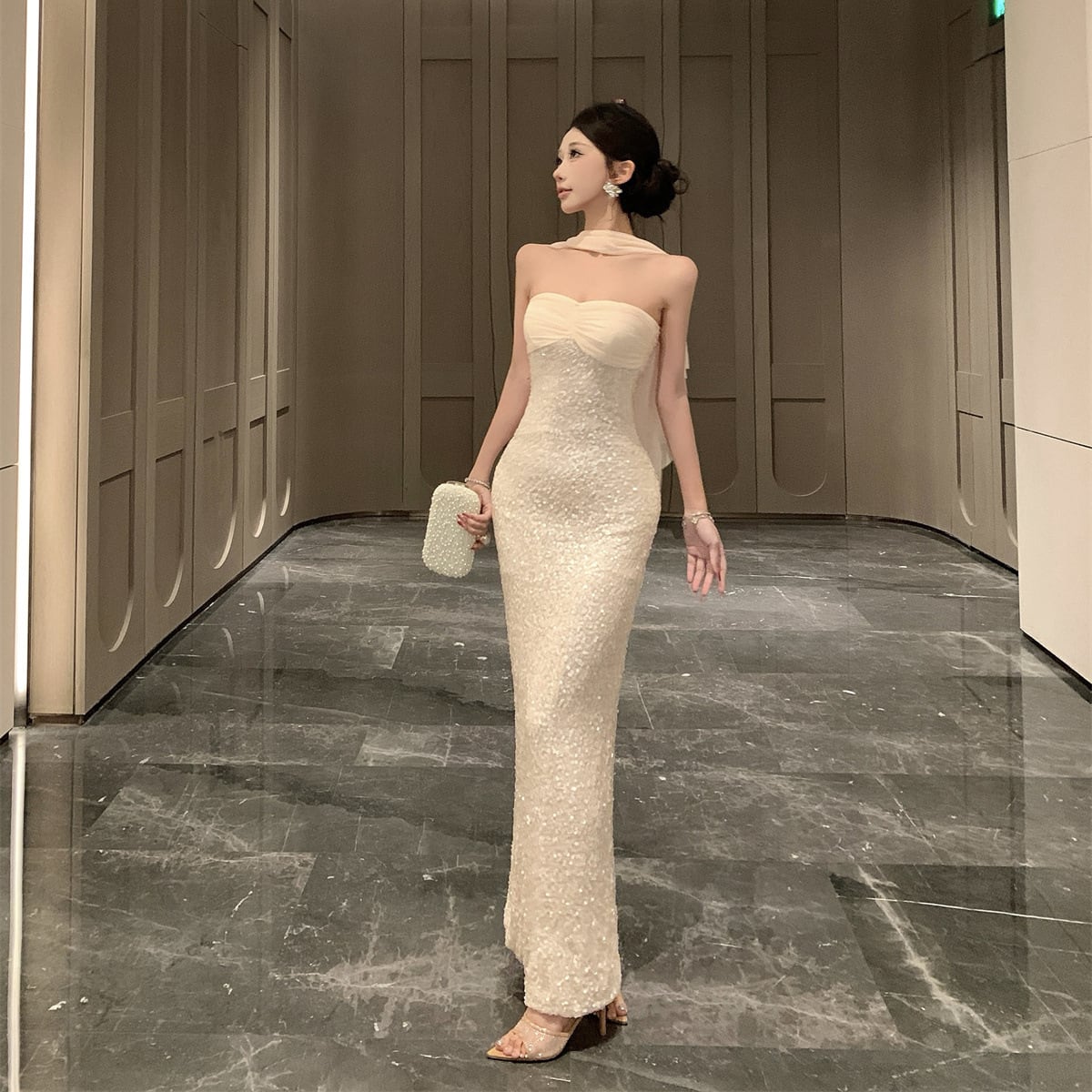 ロングドレス キャバドレス セクシー ベアトップ スパンコール